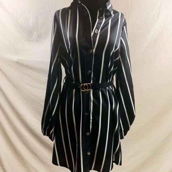 Striped Curved Hem Belted Shirt Dress - Picture 5 of 5